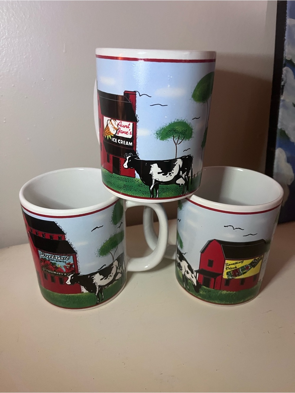Aunt Jane's ice cream Ceramic Coffee Mugs - White with Red and Green Farm Print